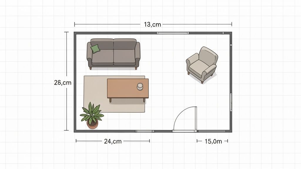 Top-down floor plan of a living room with a sofa, armchair, coffee table, rug, and plant.