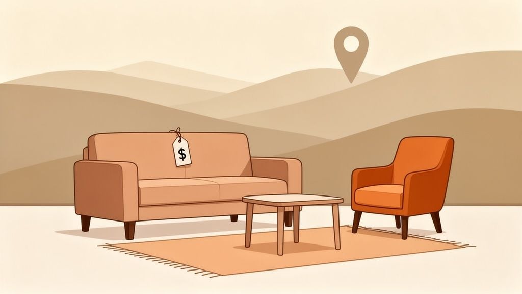 Illustration of a beige sofa with a price tag, coffee table, and orange armchair on a rug outdoors.