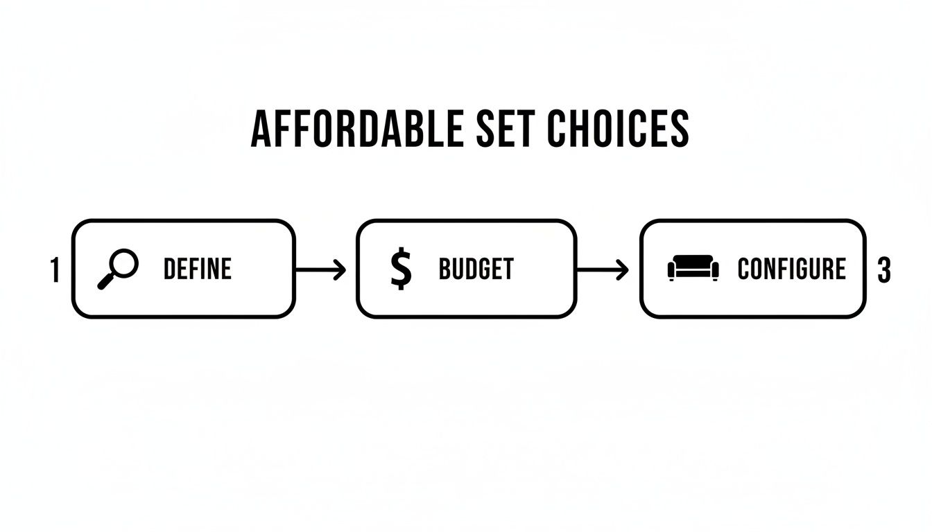 A three-step infographic showing how to find affordable furniture sets: Define, Budget, Configure.