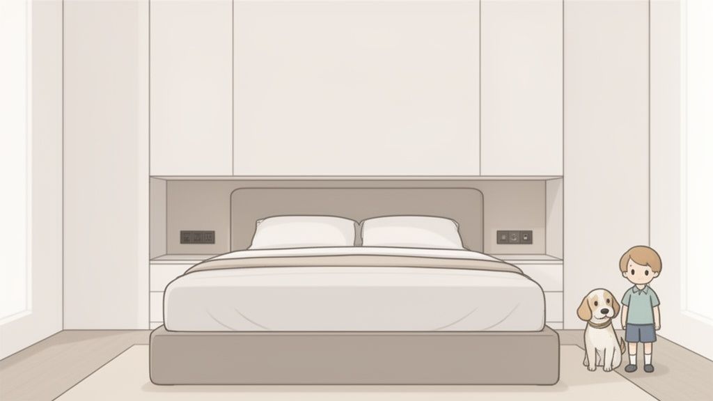 A modern bedroom with a large bed, integrated headboard, a boy, and his dog standing on a rug.