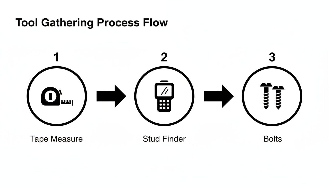 A process flow diagram showing tool gathering: tape measure, stud finder, and bolts in sequence.