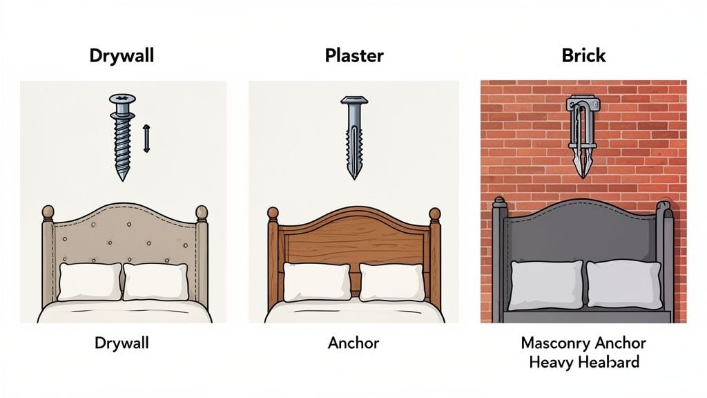 Illustrates attaching a headboard to drywall, plaster, and brick walls using appropriate fasteners and anchors.