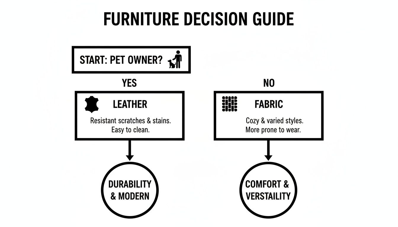 A flowchart decision guide for furniture materials, recommending leather for pet owners and fabric otherwise.