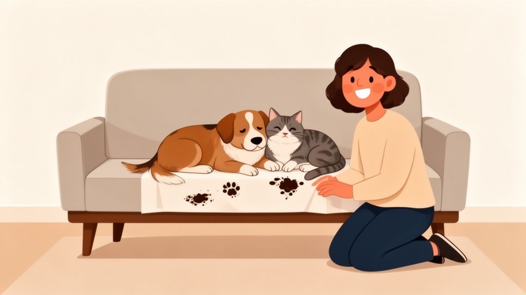 A smiling woman kneels beside a couch with a dog and cat on a blanket covered in muddy paw prints.