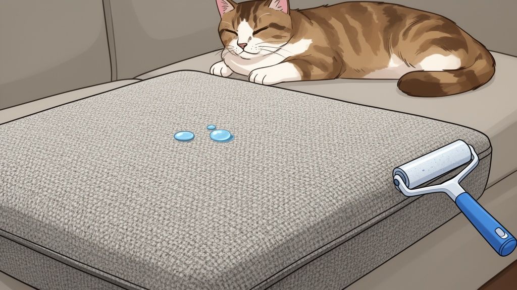 A cat sleeps on a water-resistant couch cushion with water droplets and a lint roller for easy cleaning.