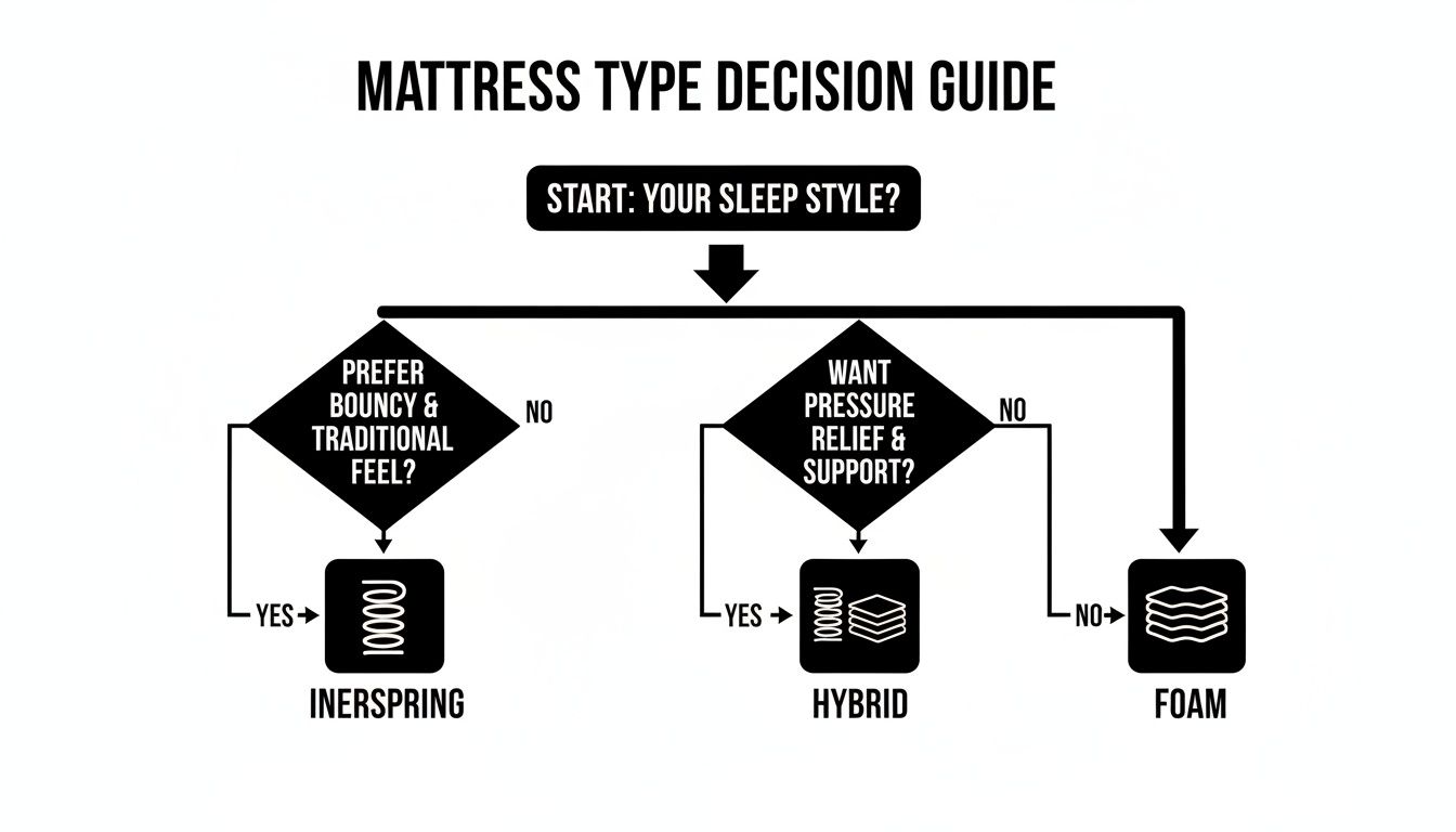 A flowchart guiding mattress type selection: Innerspring for bouncy feel, Hybrid for pressure relief, Foam for neither.