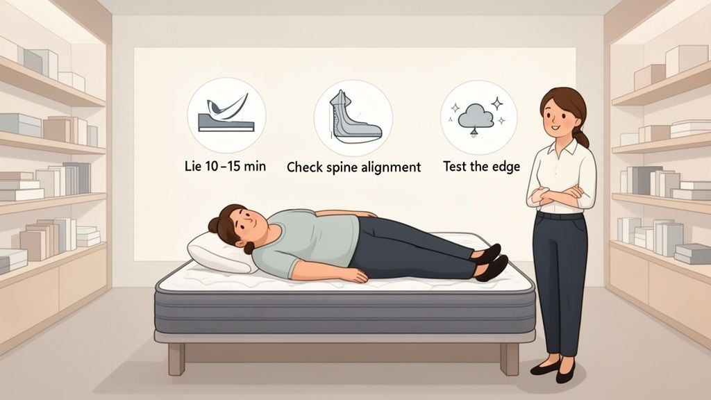 Illustration of a woman testing a mattress, with another woman giving instructions on how to evaluate it.