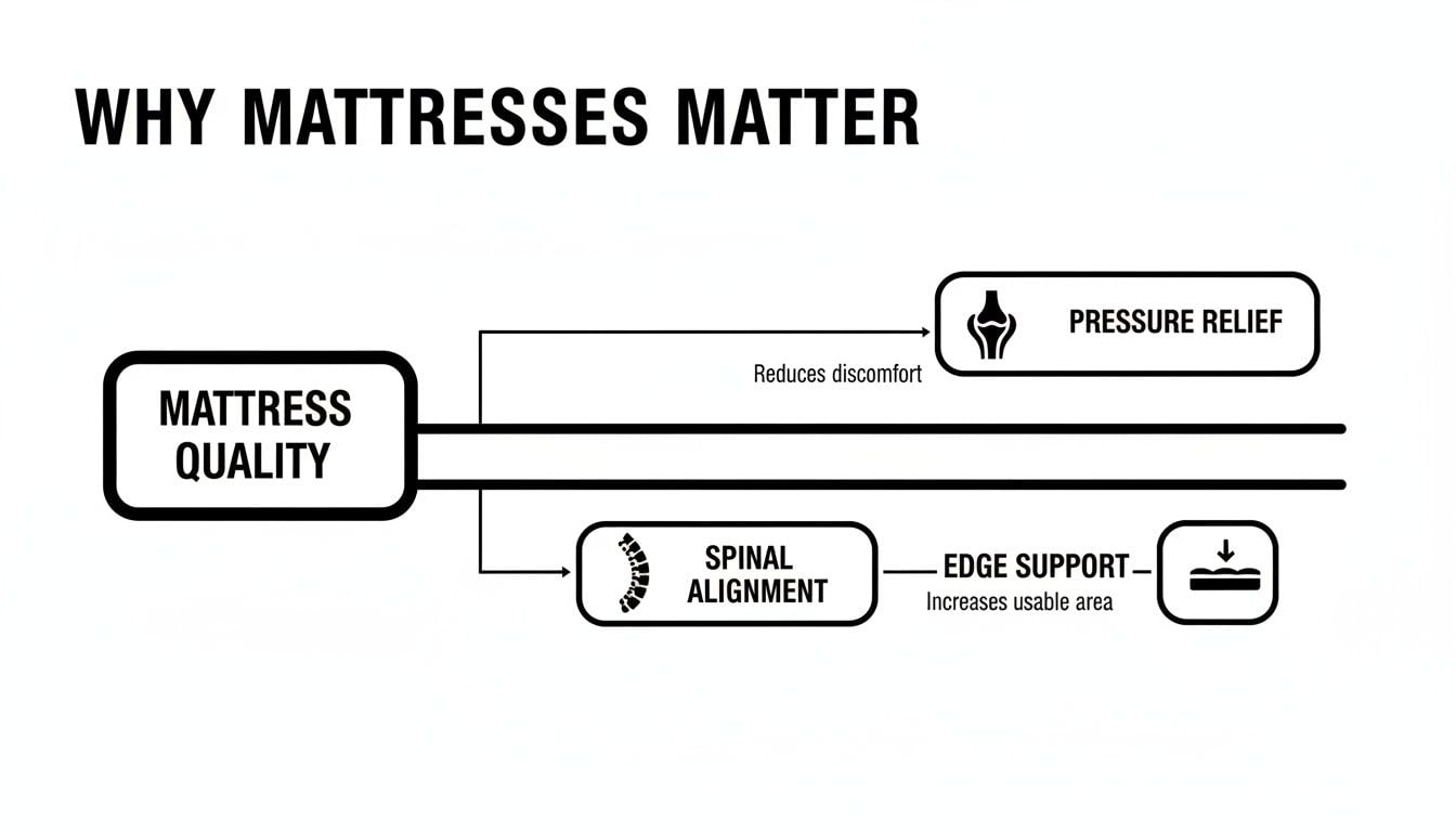 Diagram explaining why mattress quality matters, linking it to pressure relief, spinal alignment, and edge support benefits.