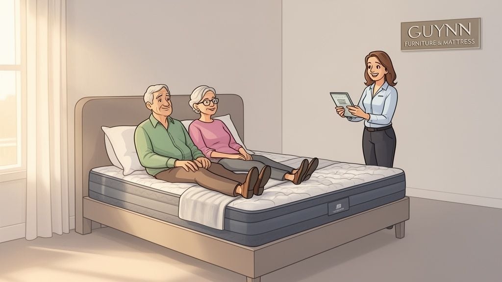 An elderly couple sits on a new mattress while a salesperson shows them features on a tablet.