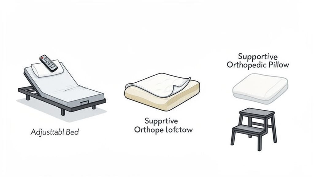 Illustration showing an adjustable bed, orthopedic mattress topper, supportive pillow, and a step stool.