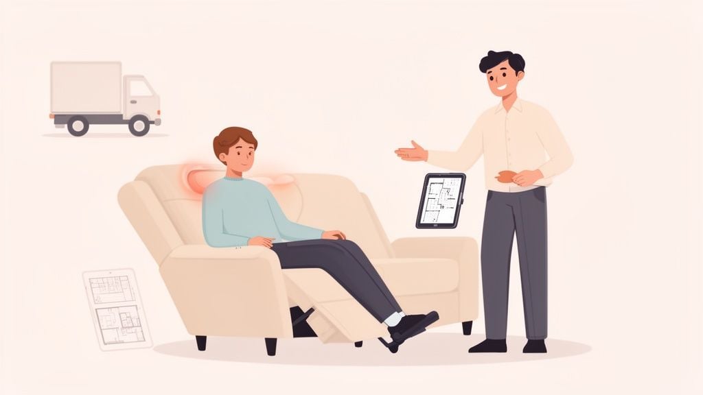 A man in a recliner experiences heat therapy while another shows him a floor plan on a tablet.