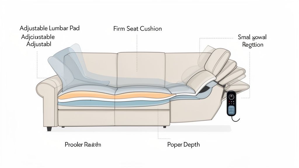 Diagram illustrating a sectional sofa's features: adjustable lumbar, firm cushion, adjustable headrest, and proper depth.