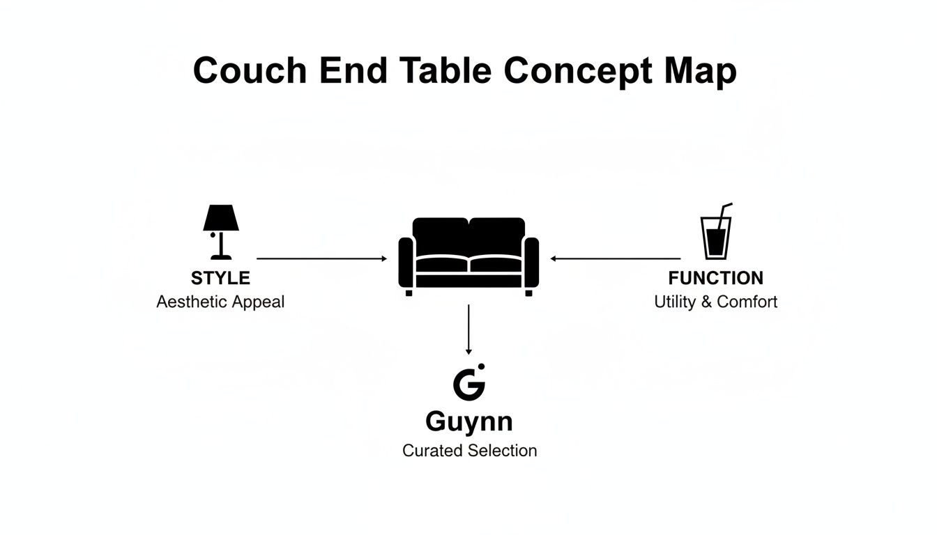 Couch End Table Concept Map illustrates how style and function contribute to Guynn's curated selection.