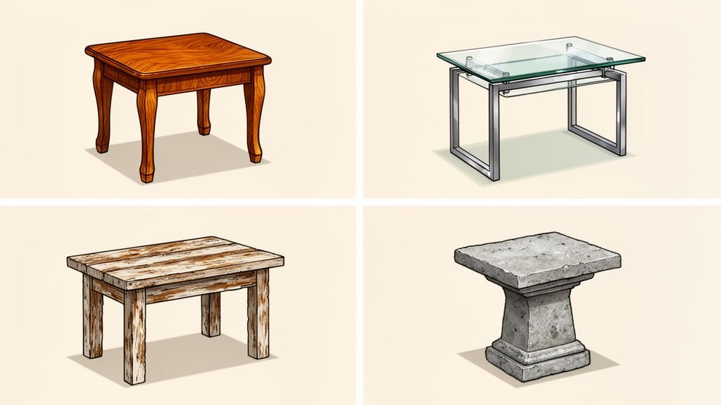 Four distinct end tables: a classic wooden, a modern glass and metal, a rustic wood, and a stone pedestal.