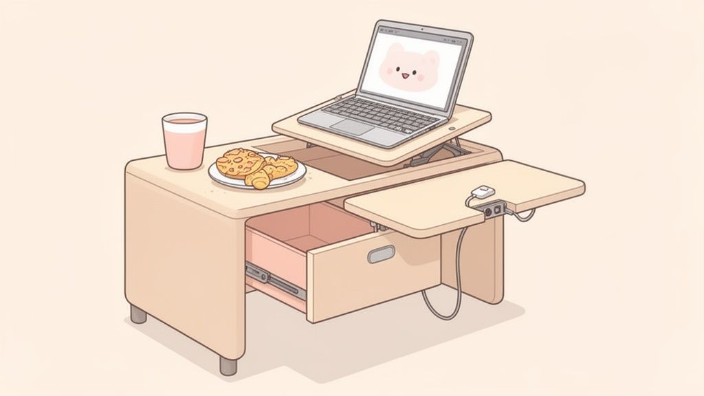 A cozy, minimalist coffee table with a laptop, snacks, and a drink, perfect for a workstation.
