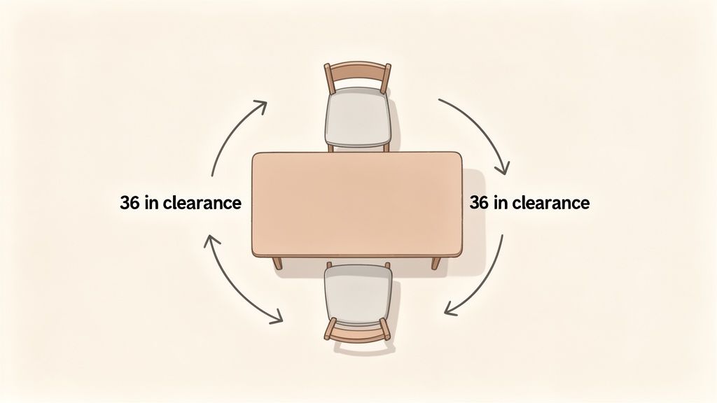 Overhead view of a dining table with two chairs, showing 36-inch clearance space around.