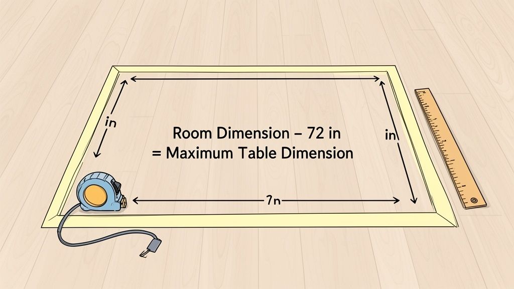 A diagram on a wooden floor showing room dimensions being measured for a maximum table size.