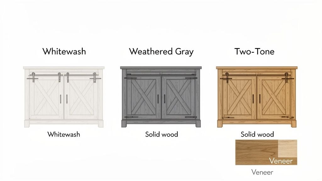 Three farmhouse entertainment centers in whitewash, weathered gray, and two-tone finishes with material labels.