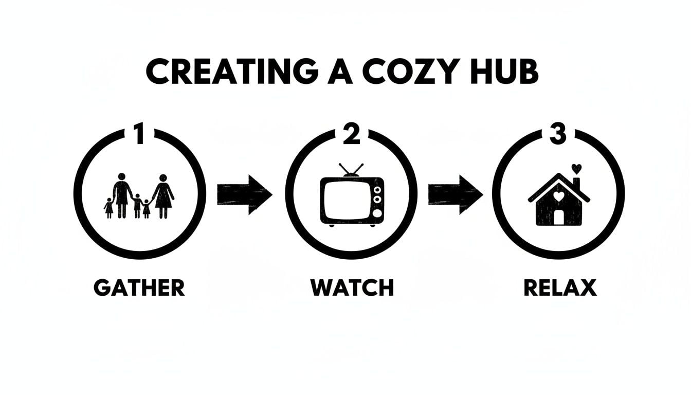 A three-step infographic showing how to create a cozy hub: gather family, watch TV, and relax at home.