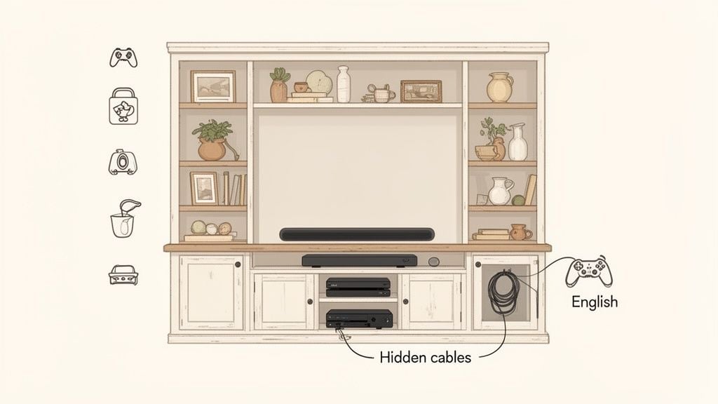 A detailed illustration of a farmhouse entertainment center with a TV, soundbar, decor, and hidden electronics.