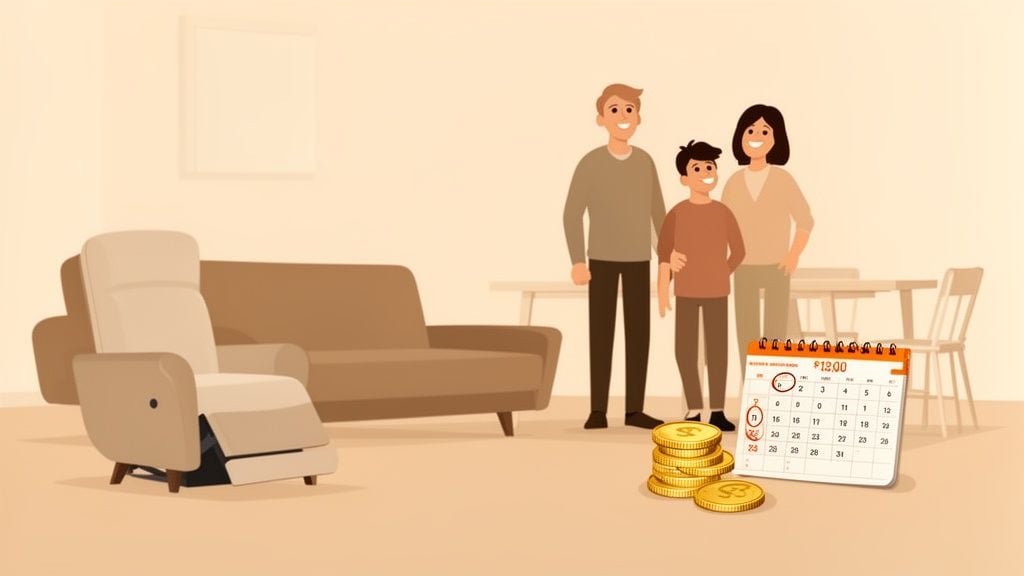 A family stands in a living room with a recliner, sofa, money, and a payment calendar.
