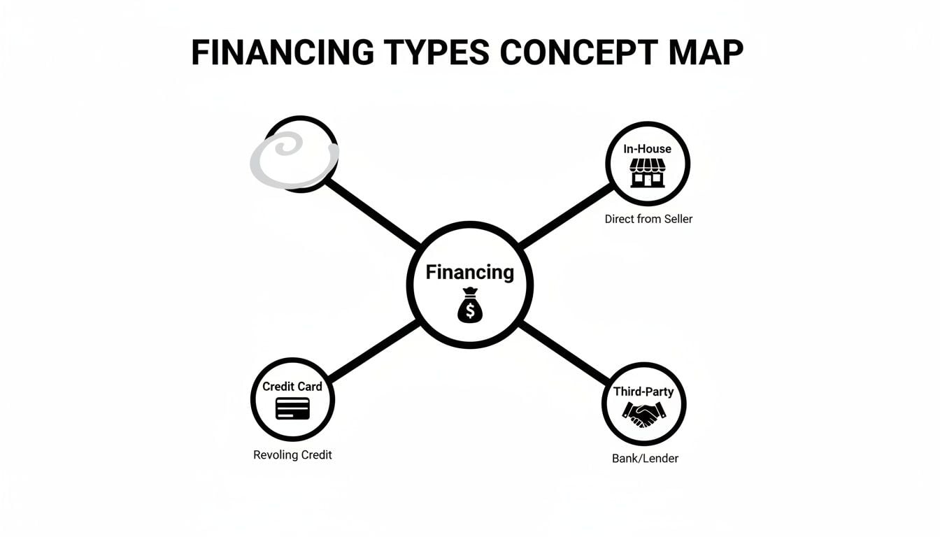 A concept map showing different financing types: In-House, Credit Card, and Third-Party.