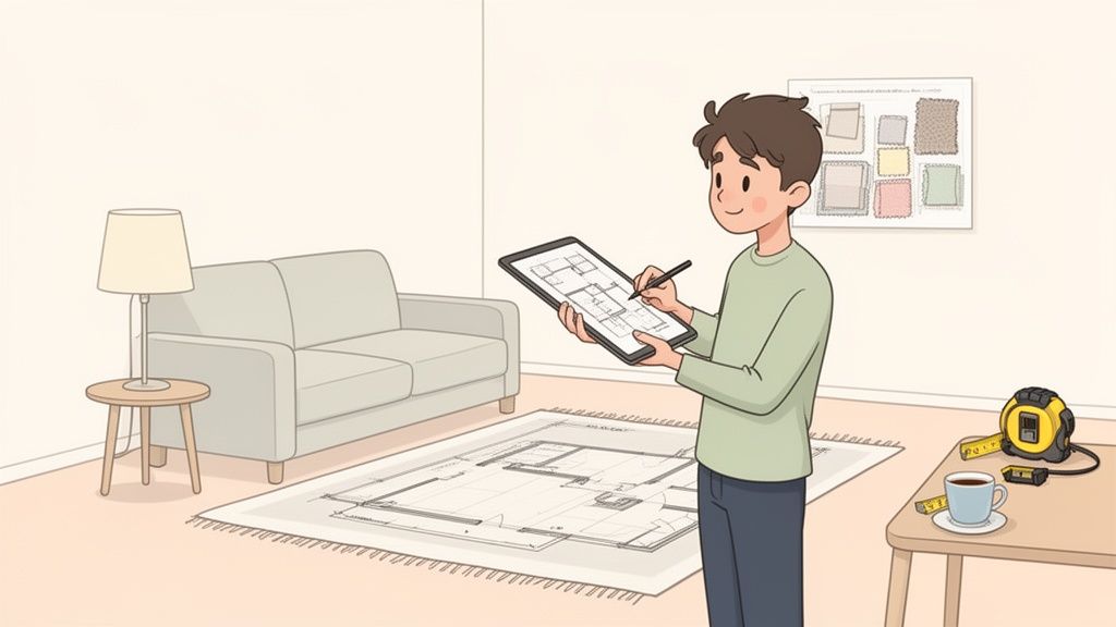 A man designs a room, drawing on a tablet with a floor plan, surrounded by furniture.