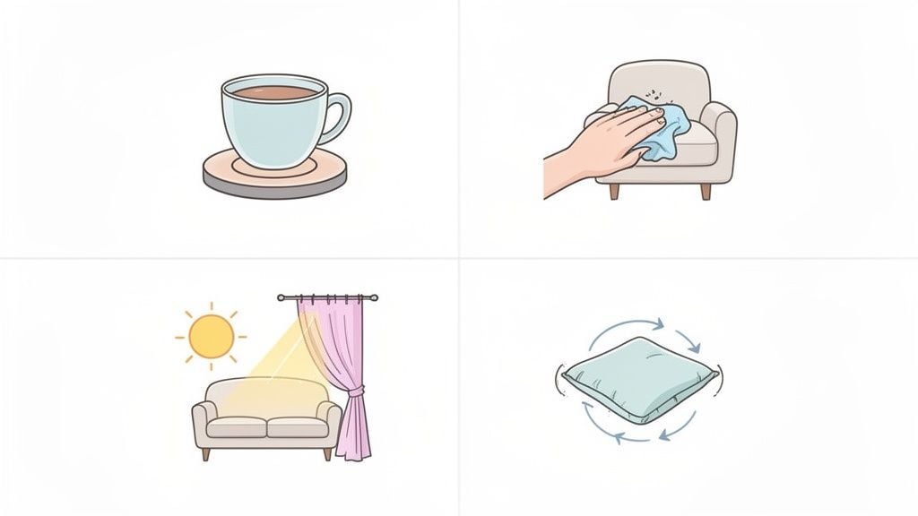Illustrations showing furniture care: using a coaster, cleaning an armchair, sunlight on a sofa, and rotating a cushion.