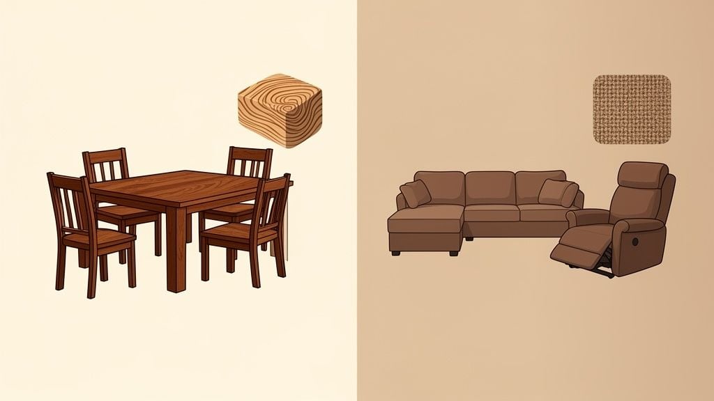 Illustration comparing wooden dining furniture with an upholstered brown sectional sofa and recliner.