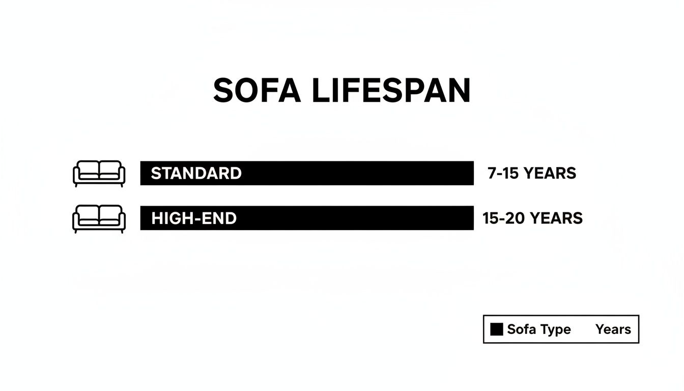 Infographic showing sofa lifespan categories: Standard sofas last 7-15 years, while High-End sofas last 15-20 years.