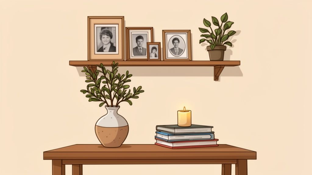 A cozy shelf and table setup featuring framed family photos, green plants, books, and a lit candle.