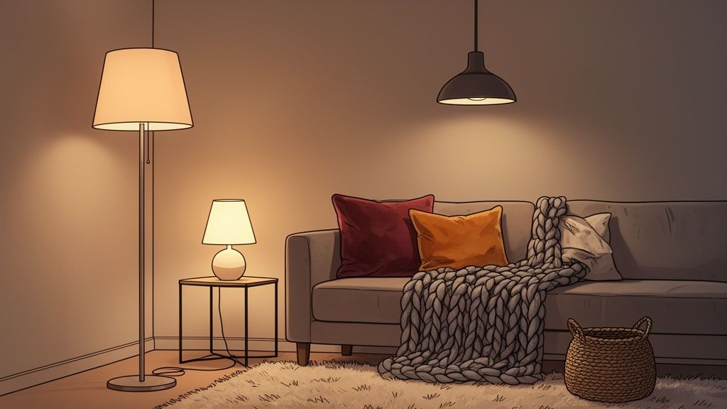 A cozy living room at night with warm lighting from various lamps, a sofa with pillows, and a knitted blanket.