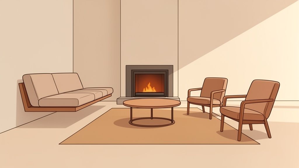 A warm and inviting living room featuring a modern floating sofa, two armchairs, a coffee table, and a lit fireplace.