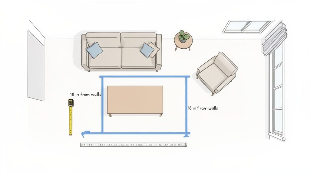 Top-down view of a living room layout with a coffee table and sofa, showing 18-inch measurement guidelines for an area rug.