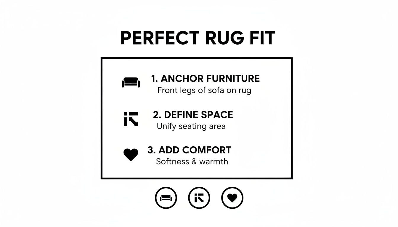 A visual guide titled 'Perfect Rug Fit' with three steps: anchor furniture, define space, and add comfort.