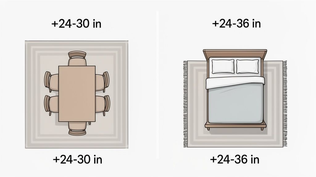 Diagram illustrating how to measure and select area rug sizes for dining rooms and bedrooms.