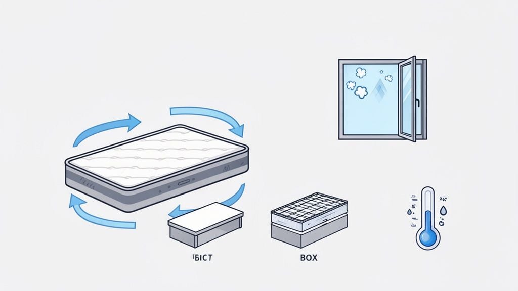 Illustration detailing mattress maintenance: rotating, using a box spring, ventilating with an open window, and controlling room temperature.