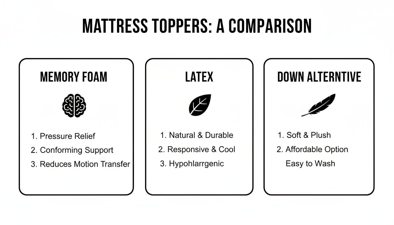 A comparison chart of different mattress toppers, detailing features for Memory Foam, Latex, and Down Alternative.