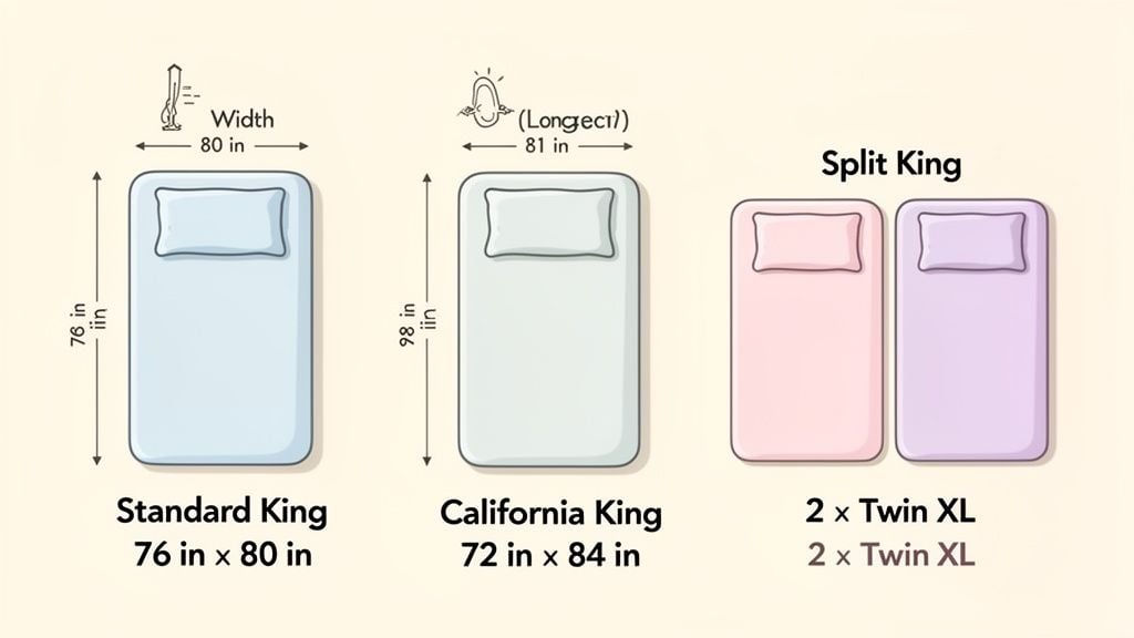 Comparison of Standard King, California King, and Split King bed dimensions in inches.