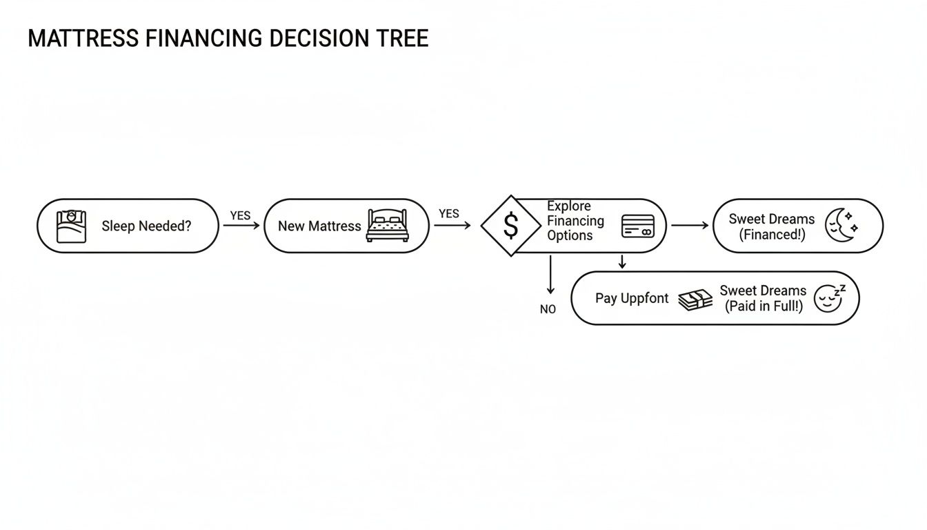 A flowchart illustrating a mattress financing decision tree, outlining steps to acquire a new mattress.
