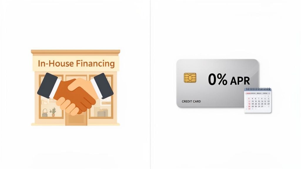 Illustration showing in-house financing represented by a building and handshake, and a 0% APR credit card with a calendar.