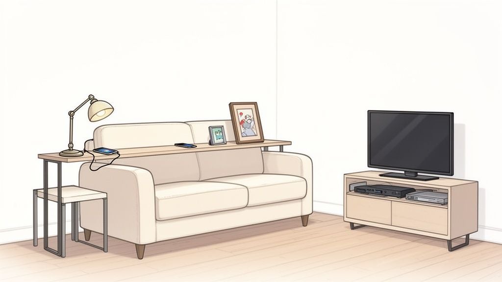 A bright living room with a sofa, console table, charging phones, lamp, pictures, TV, and media console.