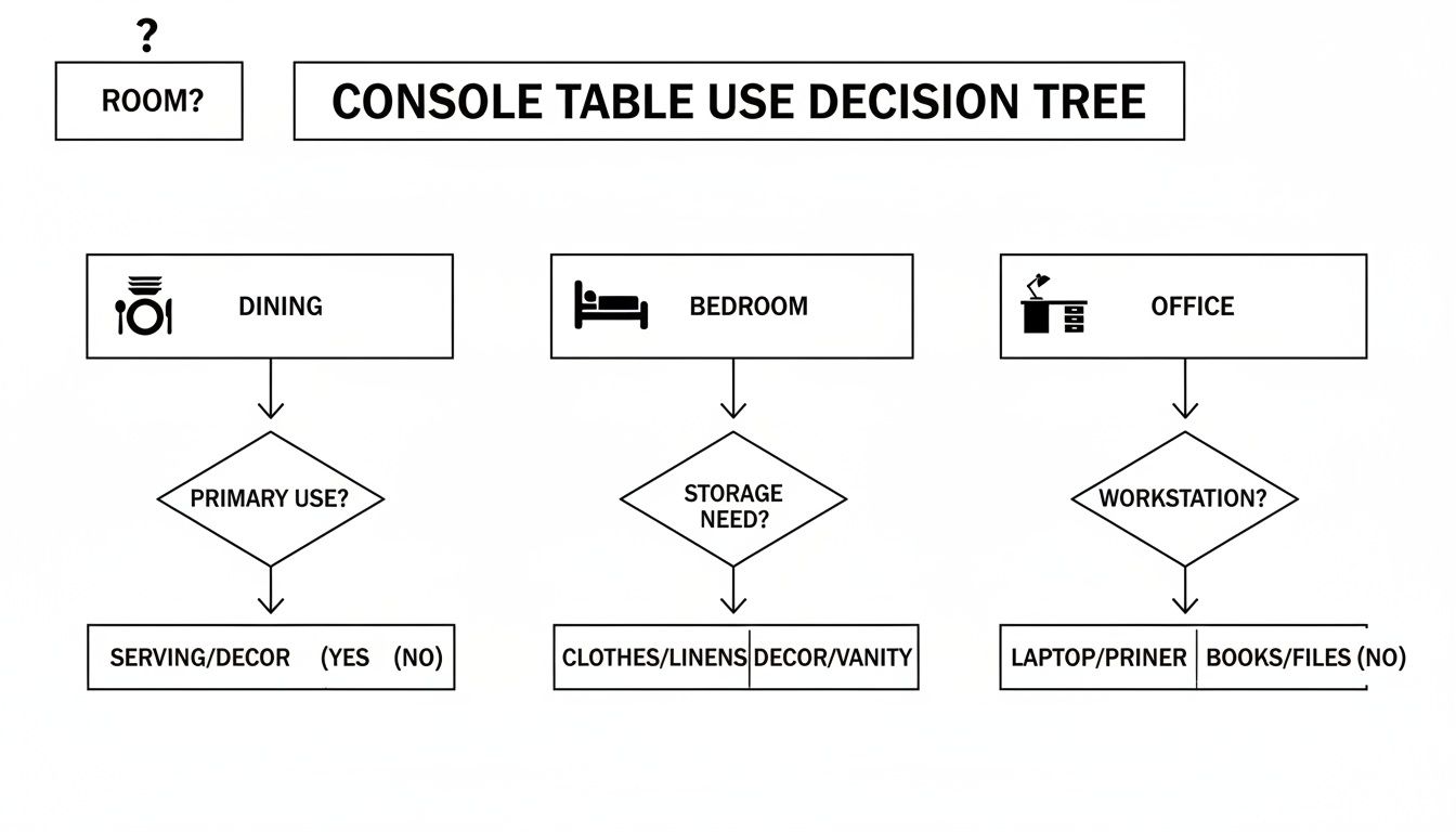 A decision tree diagram illustrating console table uses across dining, bedroom, and office spaces.