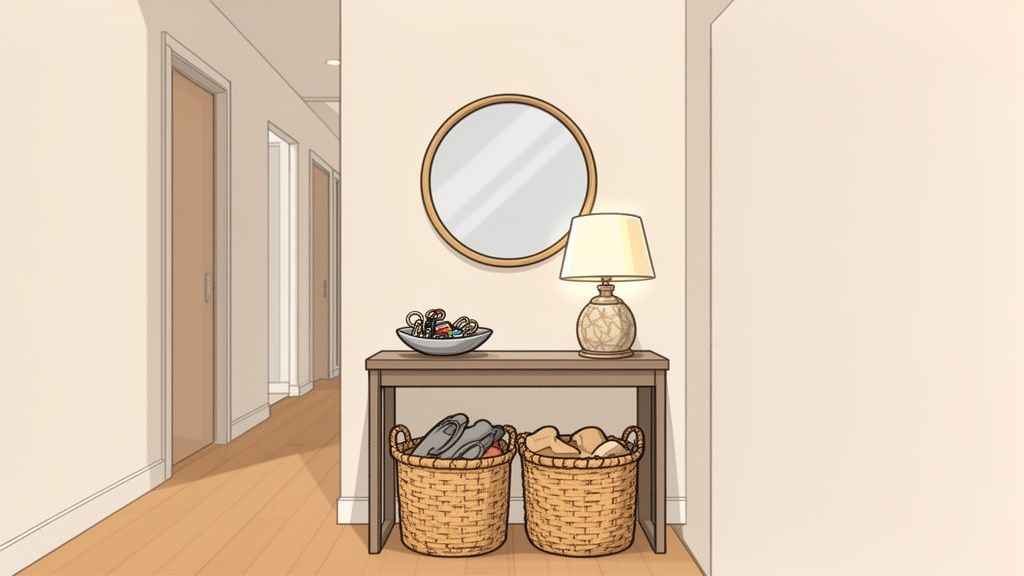 A stylish entryway features a wooden console table, round mirror, lamp, and storage baskets.