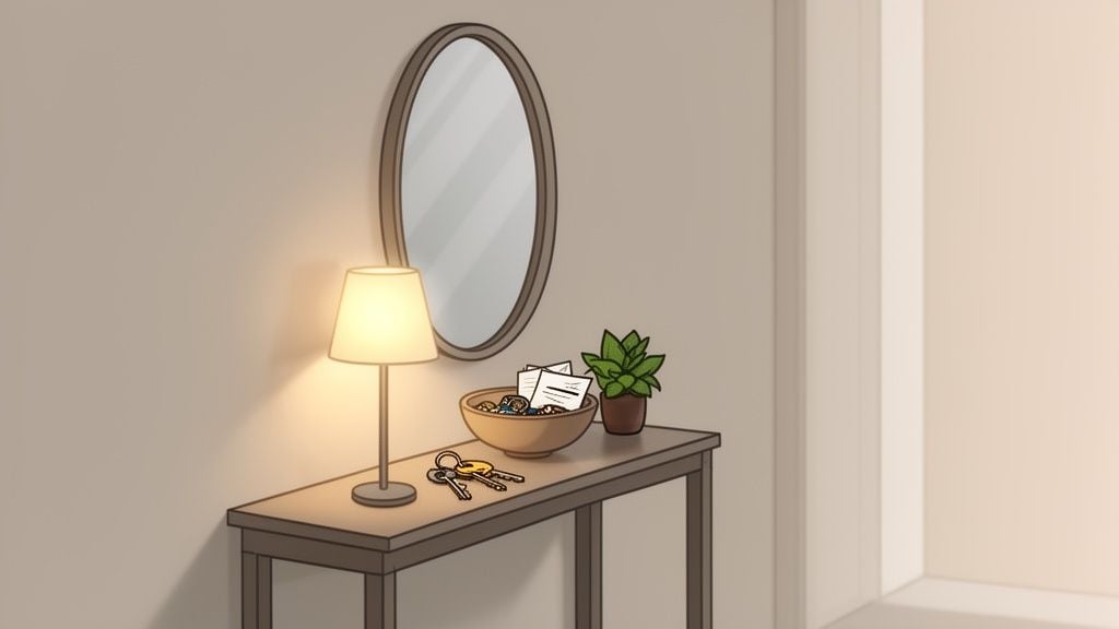 A welcoming entryway console table with a lamp, mirror, decorative bowl, keys, and a small potted plant.