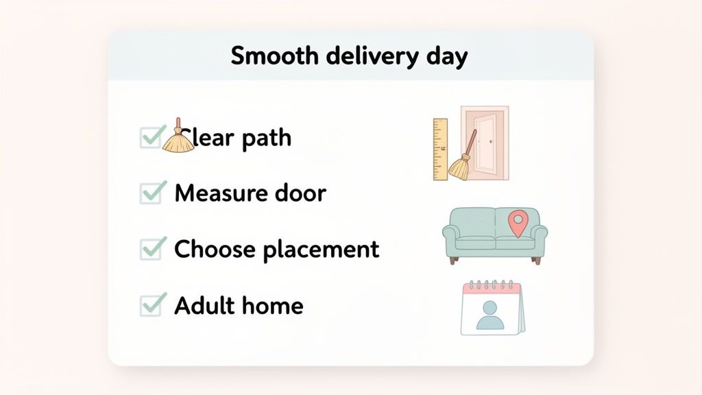 A checklist titled "Smooth delivery day" showing four items for preparation: clear path, measure door, choose placement, and adult home.