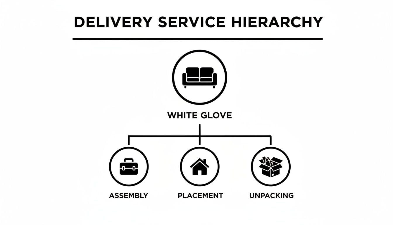 A diagram illustrating the White Glove delivery service hierarchy, including assembly, placement, and unpacking.