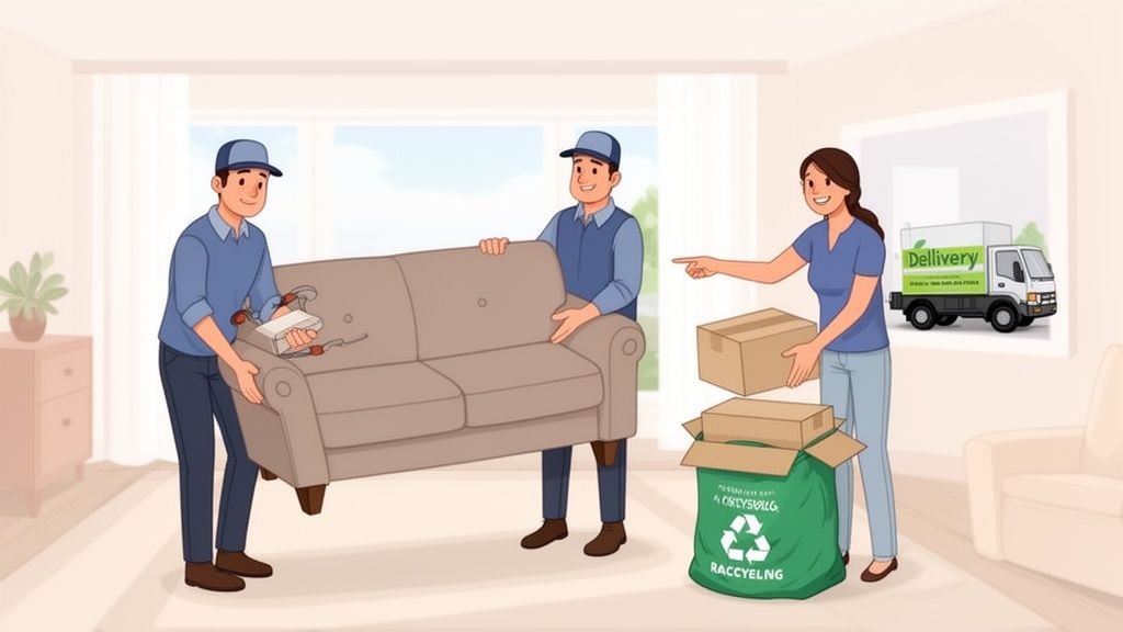 Movers deliver and assemble a sofa while a woman handles boxes and a recycling bag.