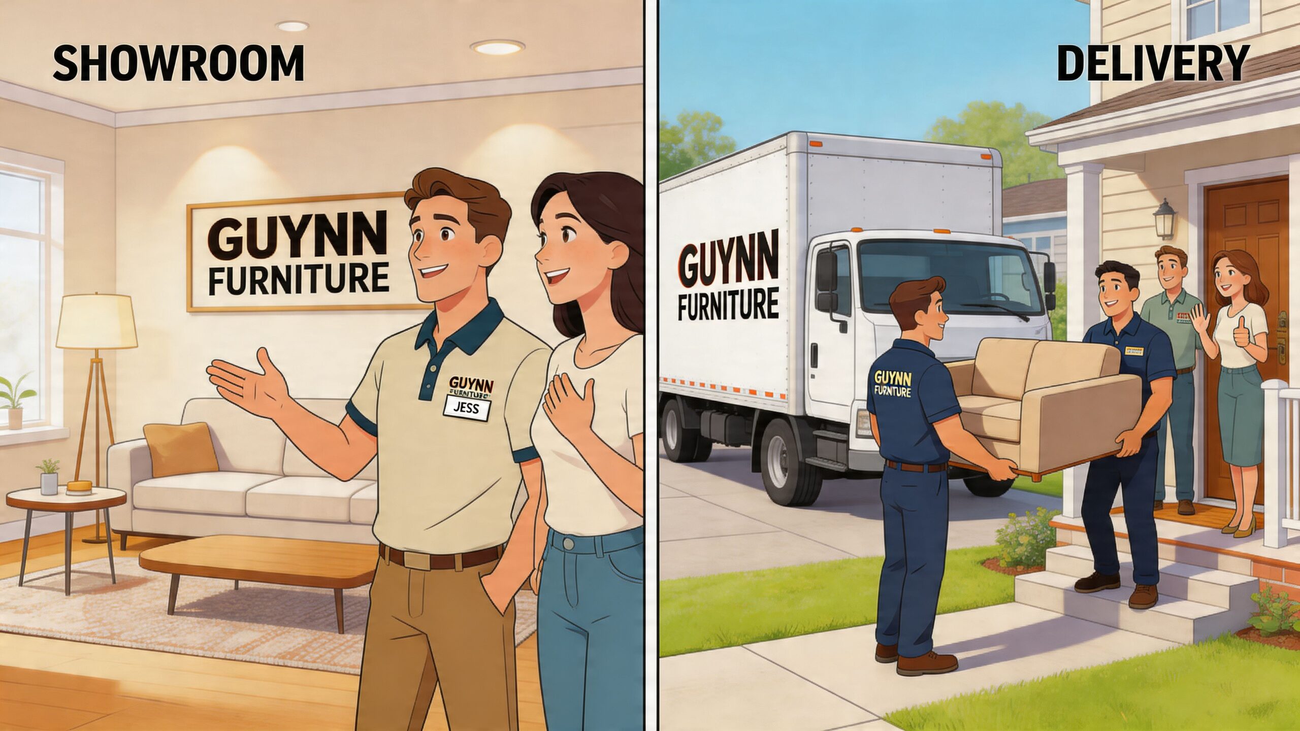 A split image showing a furniture showroom employee assisting a customer and a professional furniture delivery team.