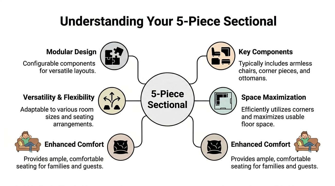 An infographic titled Understanding Your 5-Piece Sectional, highlighting its modular design, key components, versatility, and comfort benefits.